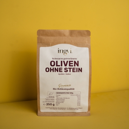 ingvi Oliven schwarz getrocknet, ohne Stein, Rohkostqualität, Bio, 250g
